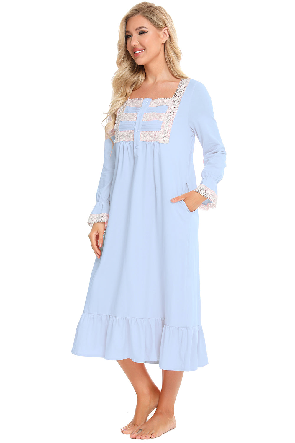 Lace Detail Square Neck Flounce Sleeve Night Dress in light blue with pink lace trim