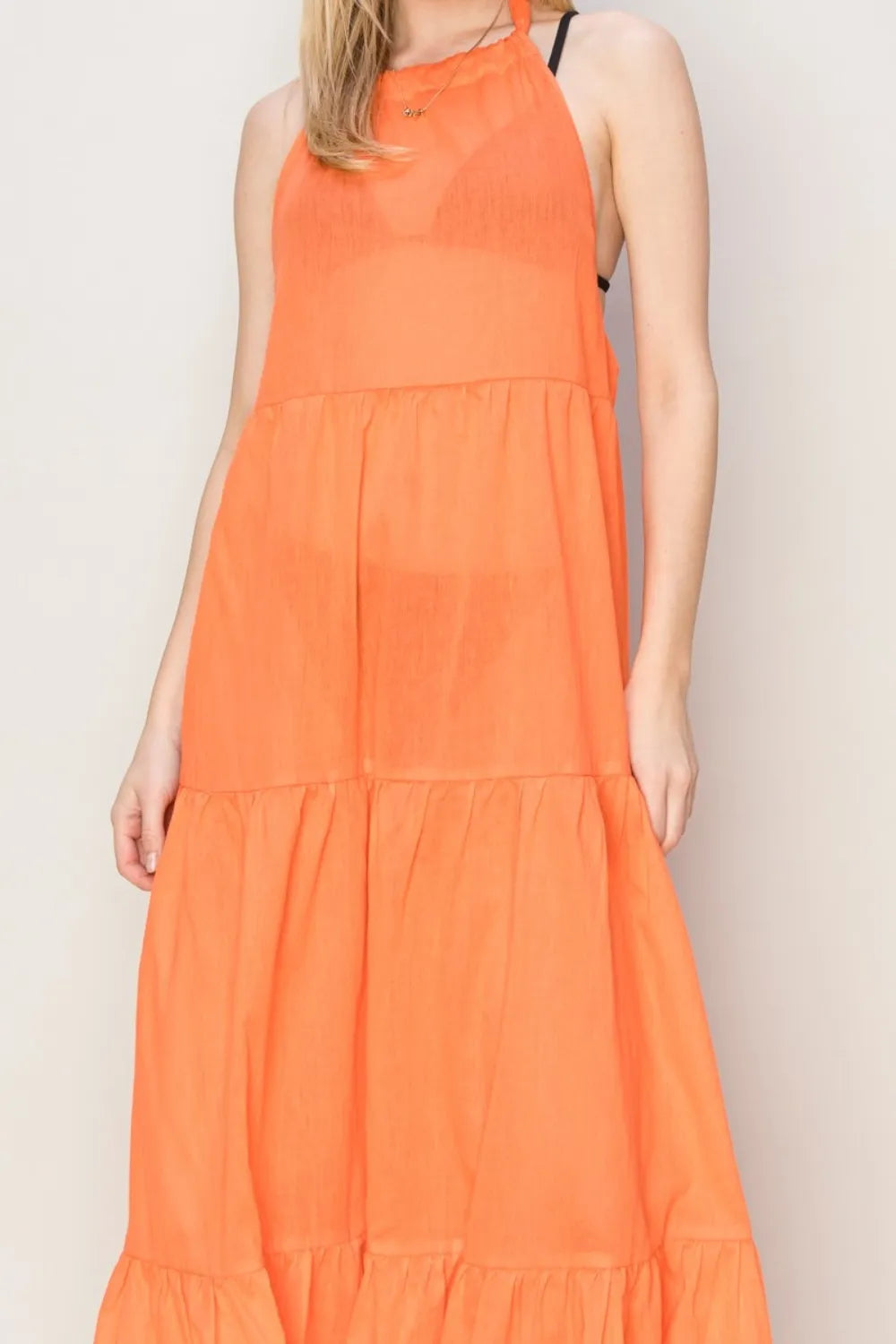 HYFVE Halter Neck Cover Up Maxi Dress in orange with tiered skirt