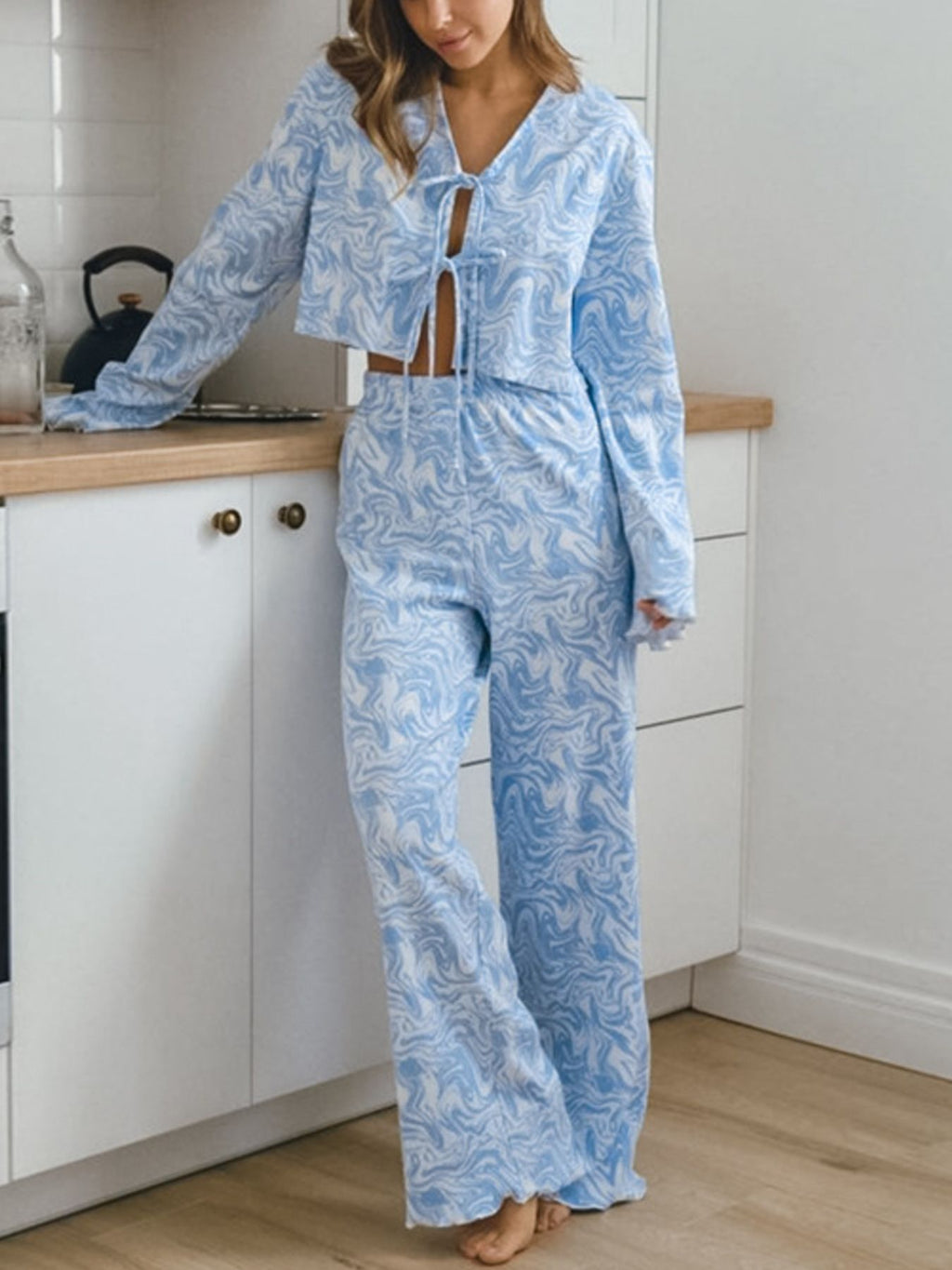 Tie Front Long Sleeve Top and Pants Lounge Set in blue and white marble print
