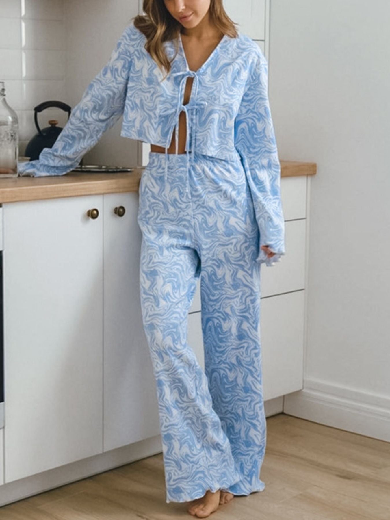 Tie Front Long Sleeve Top and Pants Lounge Set in blue and white marble print
