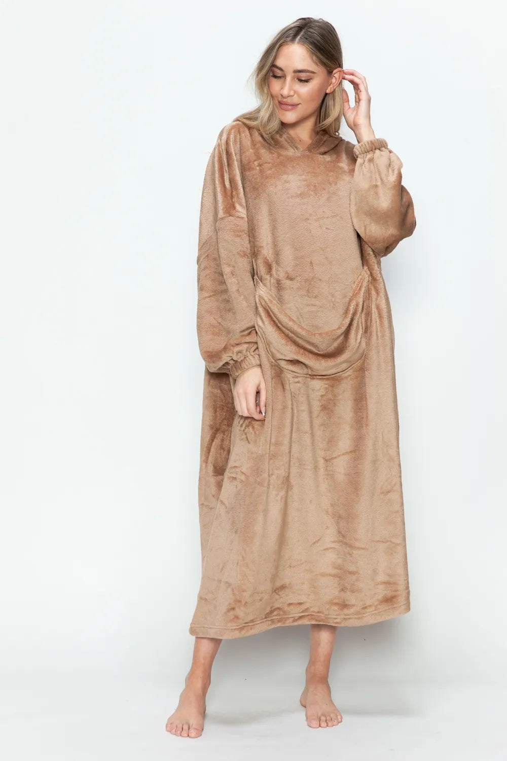Double Take Full Size Pocketed Hooded Midi Lounge Dress in tan, with long sleeves and front pocket