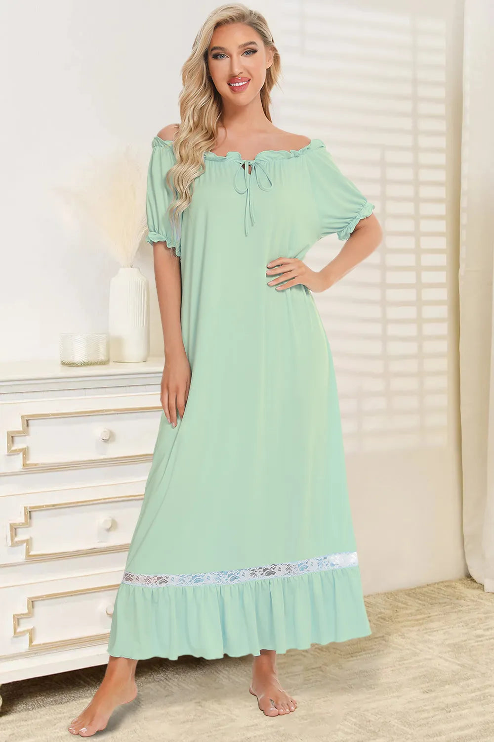 Lace Detail Short Sleeve Lounge Dress in light green with off-the-shoulder neckline and ruffled hem