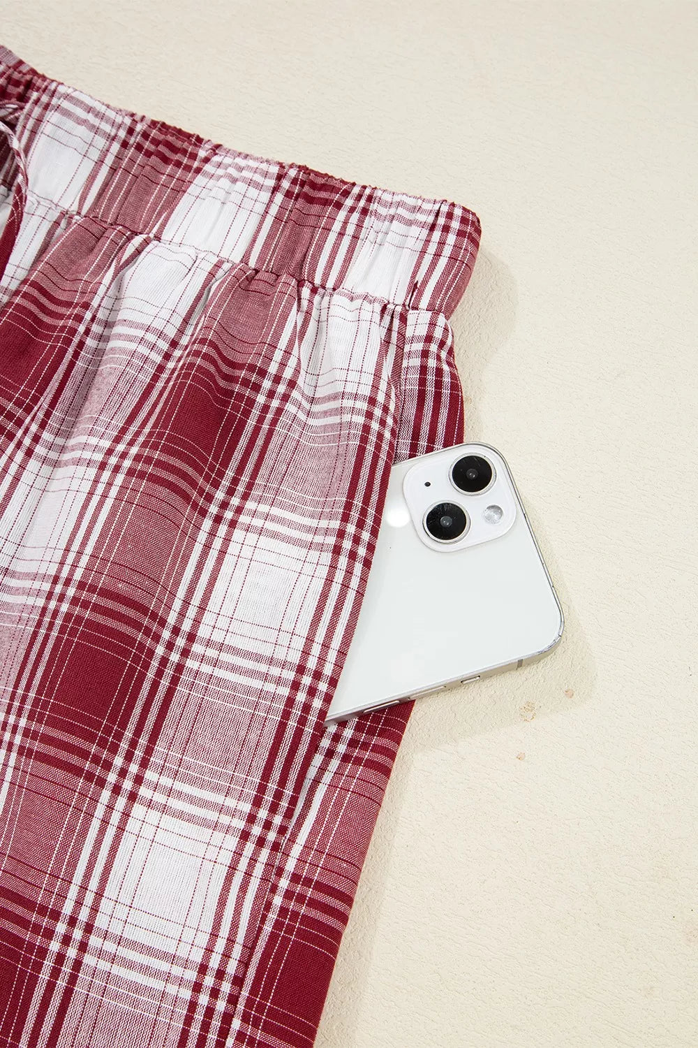 Plaid Long Sleeve Shirt and Drawstring Shorts Lounge Set with a phone in the pocket