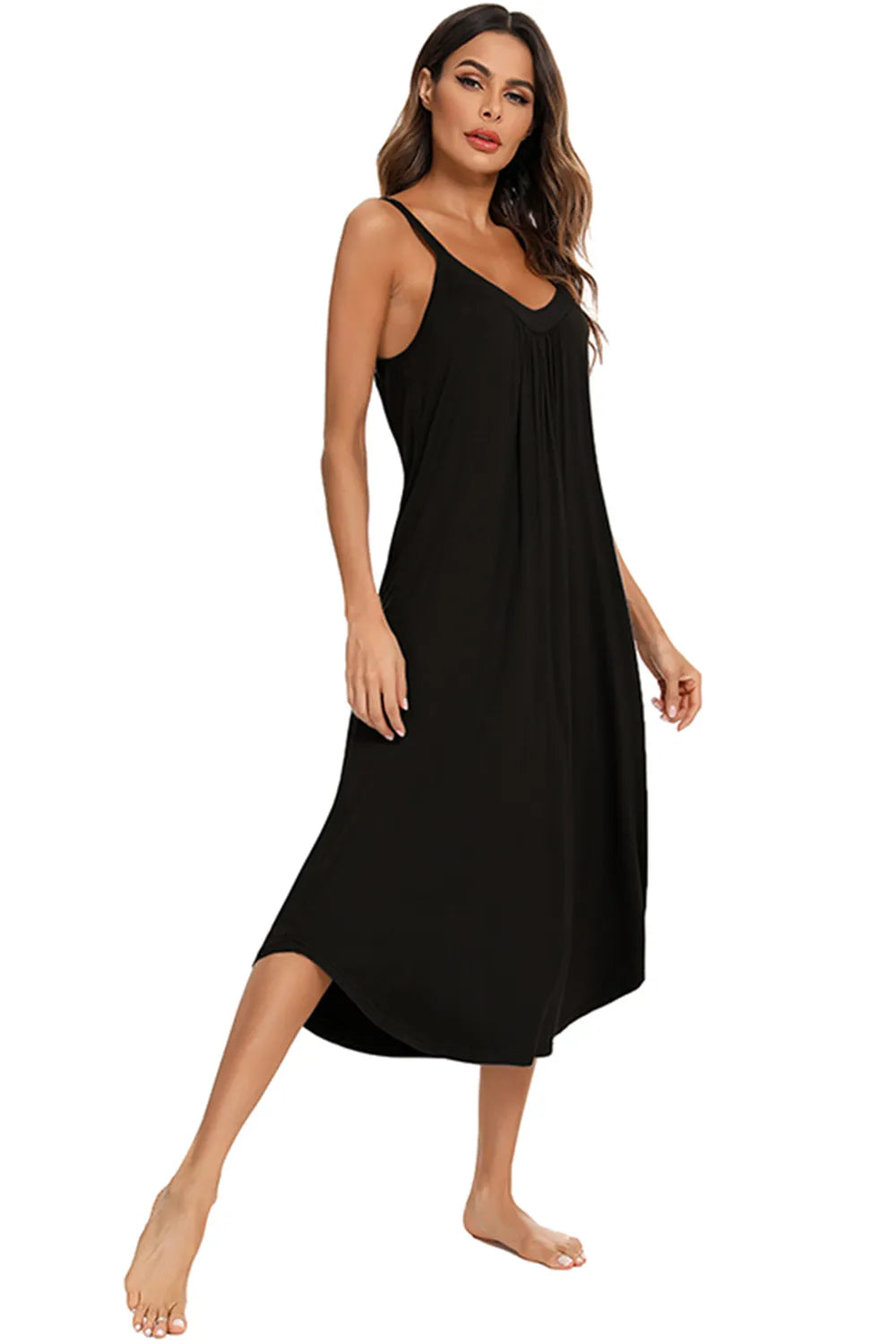 V-Neck Midi Lounge Dress in black with spaghetti straps