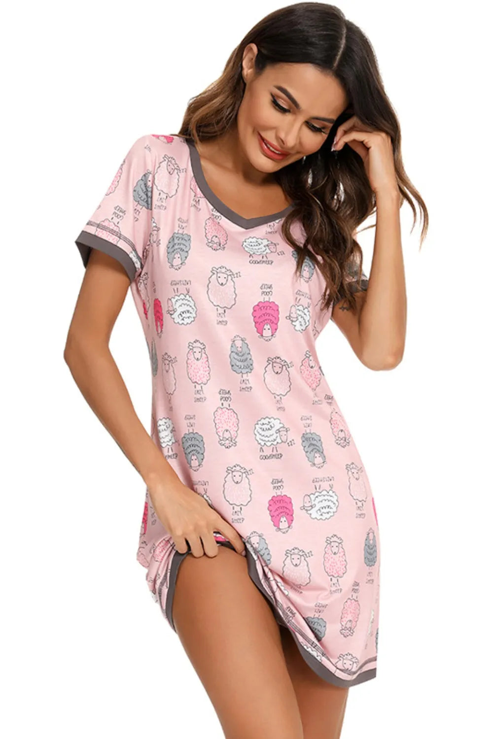 Contrast Trim Short Sleeve Lounge Dress in pink with sheep print