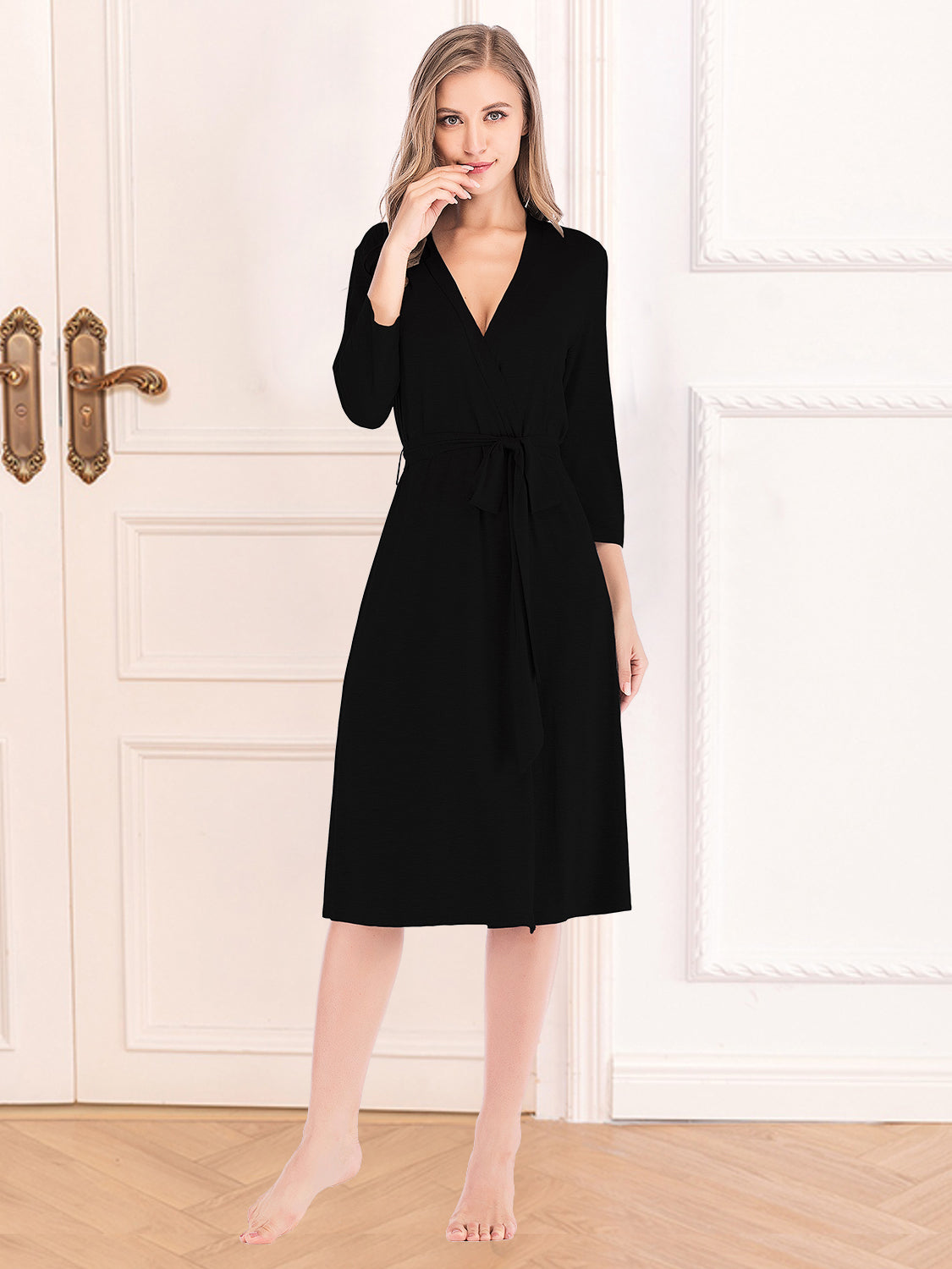Plunge Tie Front Night Dress in black with a tie front and v-neck