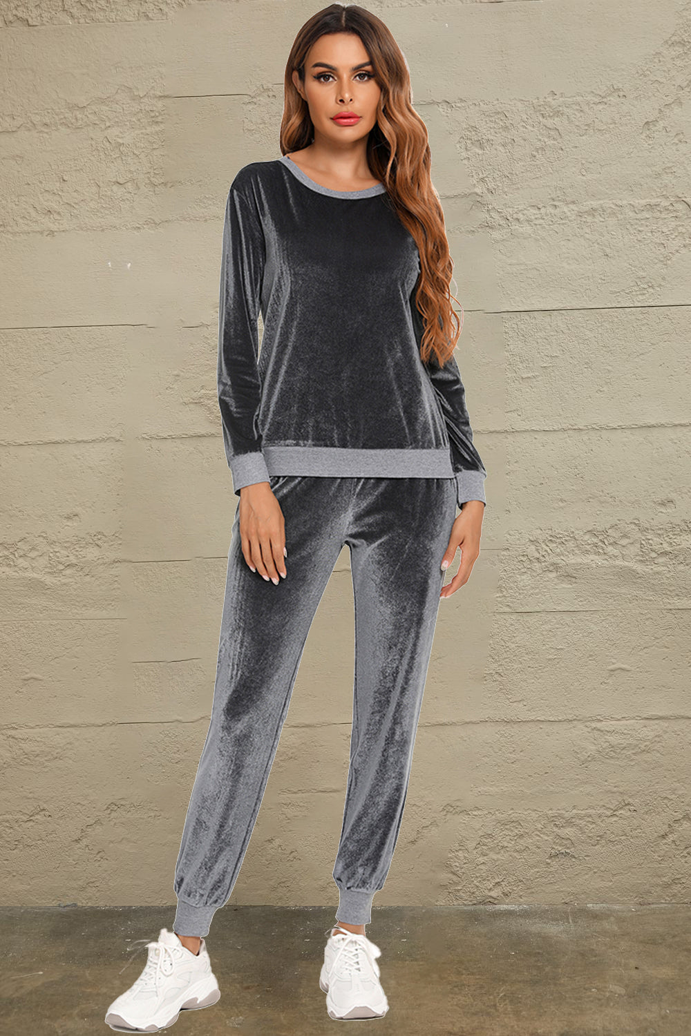 Round Neck Long Sleeve Loungewear Set with Pockets in dark grey velour