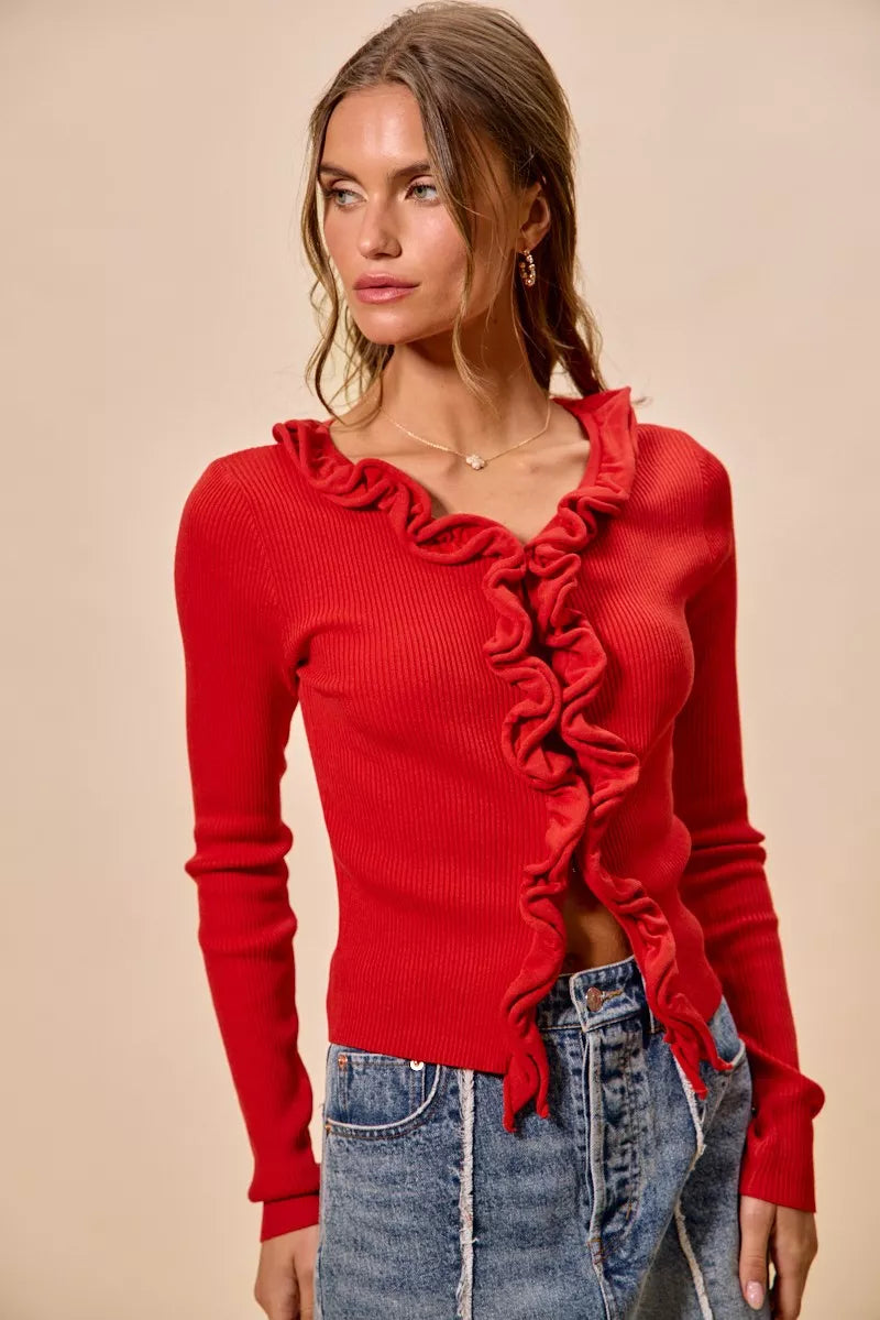 SO ME Cascade Ruffle Ribbed Sweater Cardigan in red with long sleeves and ruffle detail