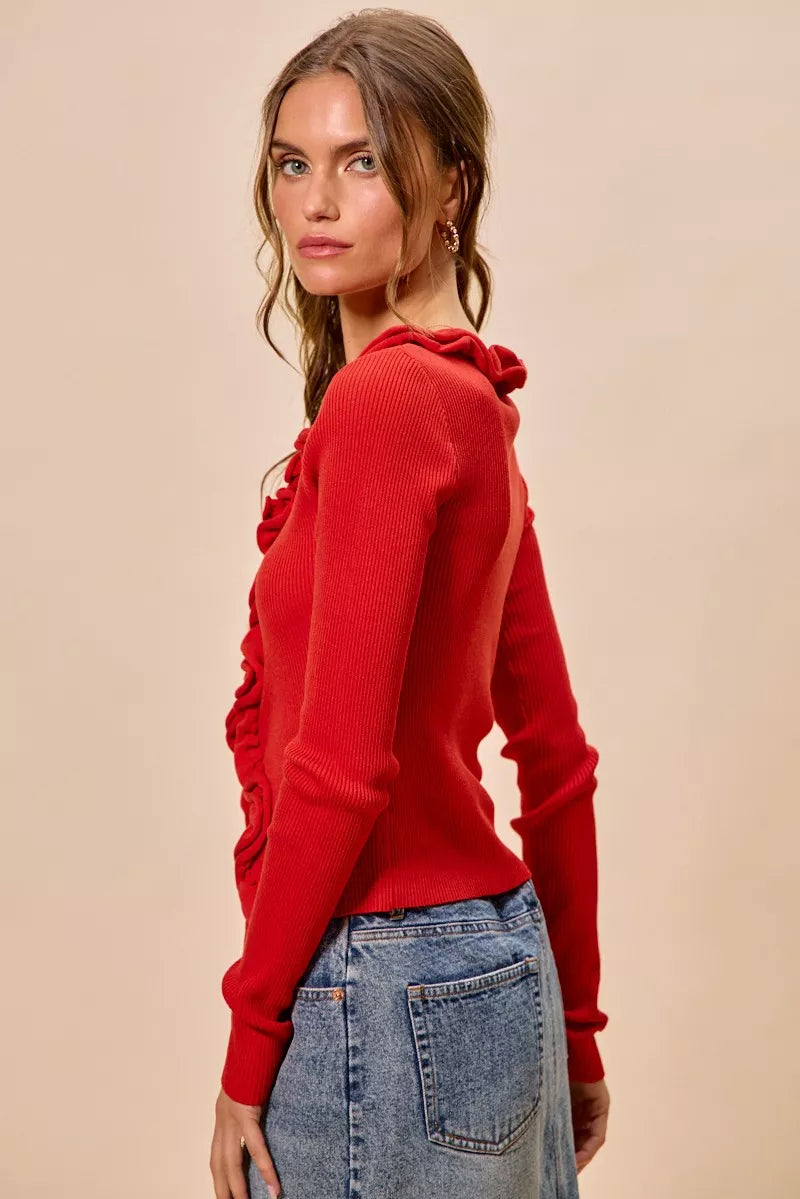 SO ME Cascade Ruffle Ribbed Sweater Cardigan in red with blue jeans