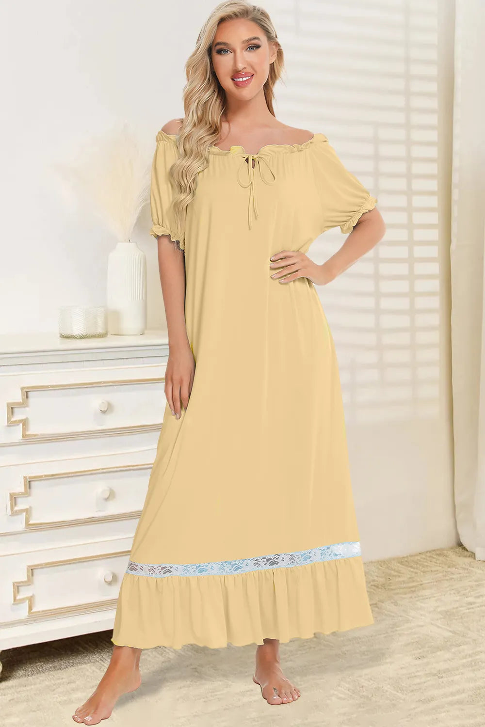 Lace Detail Short Sleeve Lounge Dress in light yellow with blue lace trim