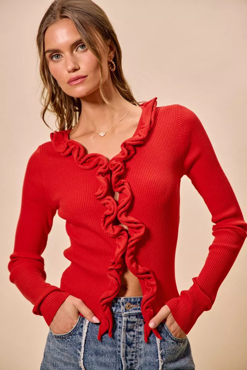 SO ME Cascade Ruffle Ribbed Sweater Cardigan in red with ruffle details and long sleeves