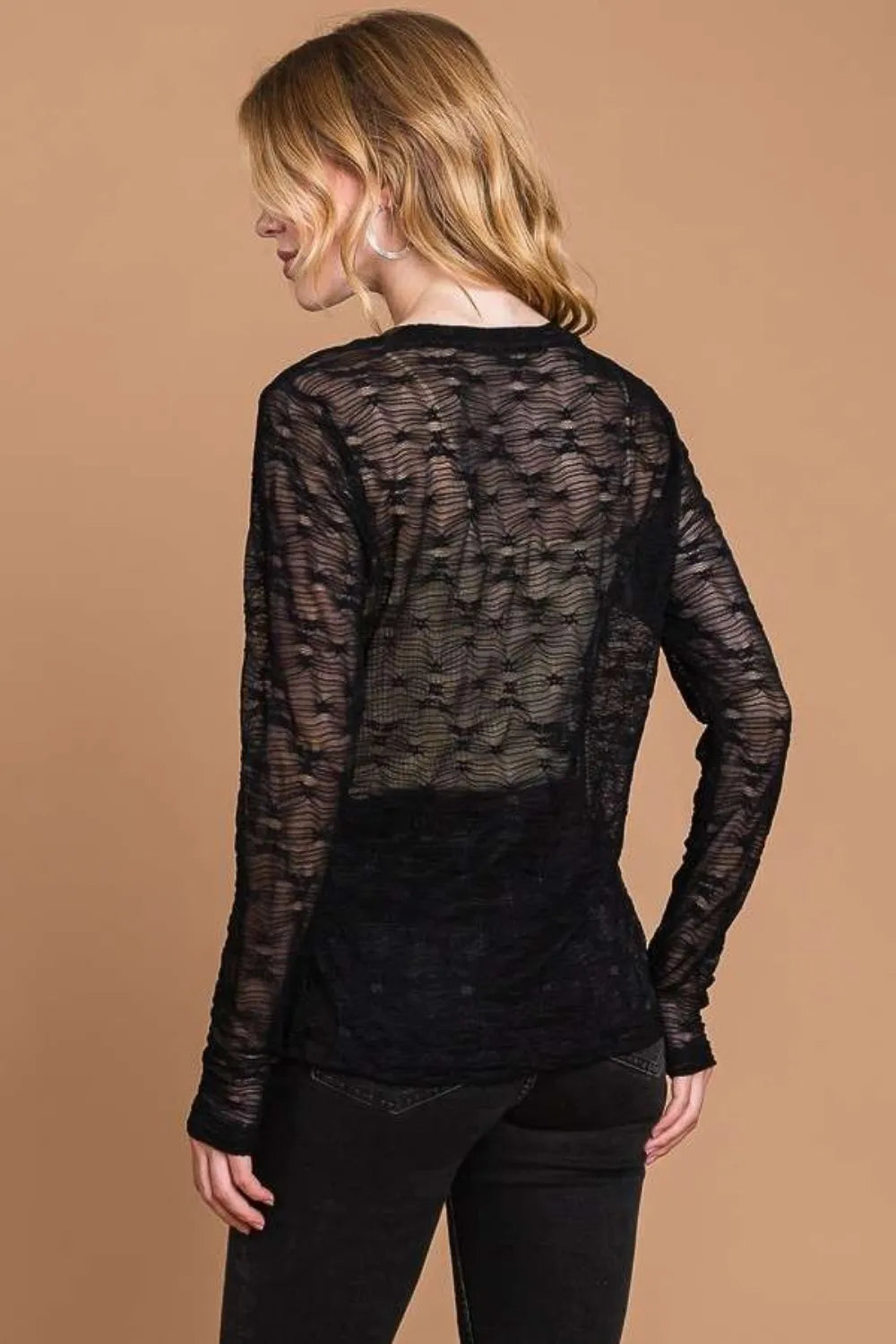 Round Neck Mesh Perspective Top in black with long sleeves and a textured pattern