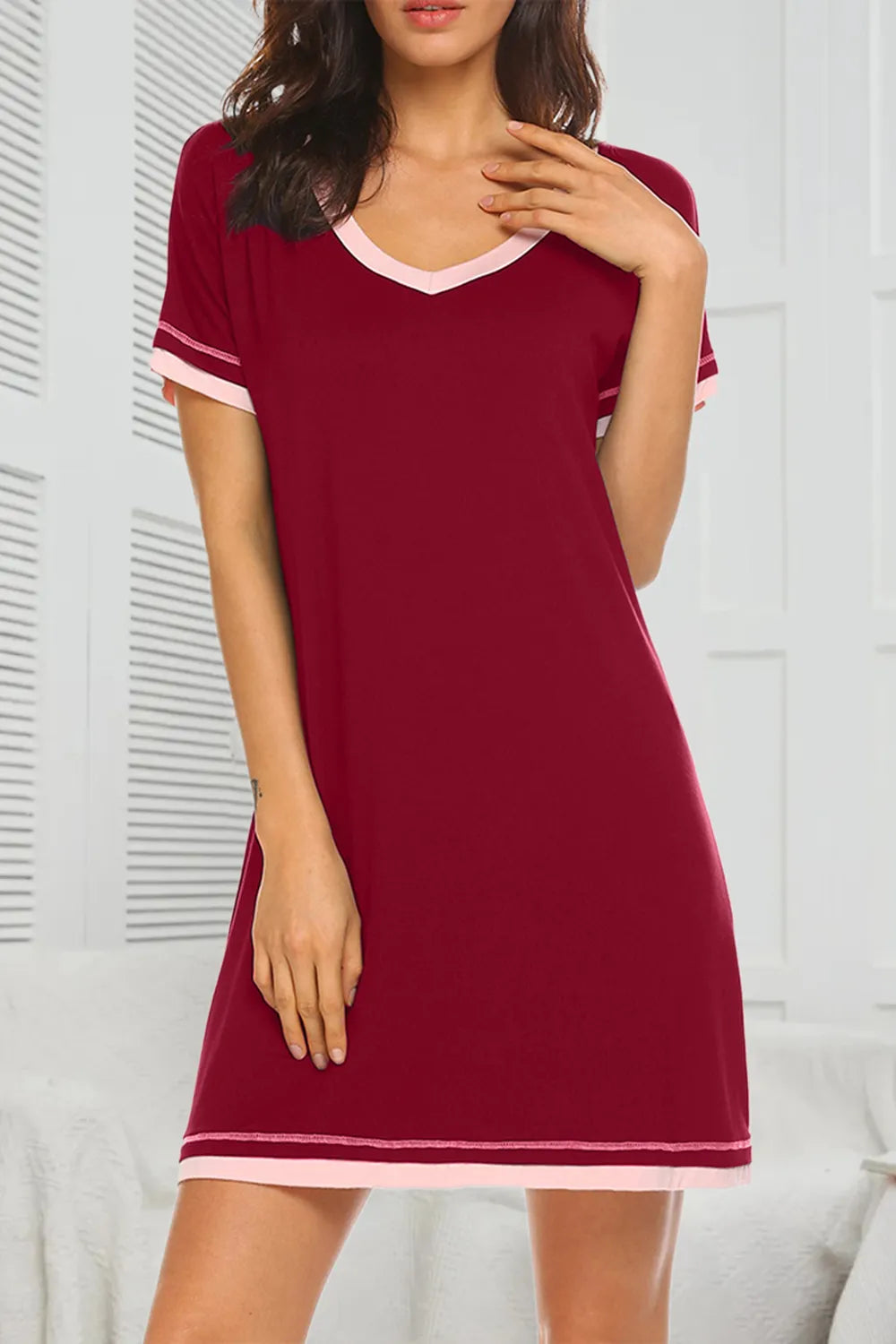 Contrast Trim Short Sleeve Lounge Dress in red with pink trim