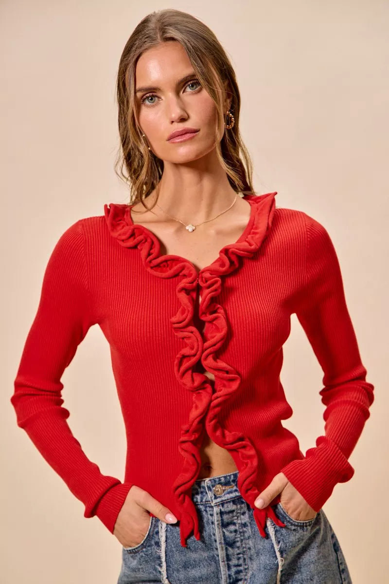 SO ME Cascade Ruffle Ribbed Sweater Cardigan in red with long sleeves and ruffled front