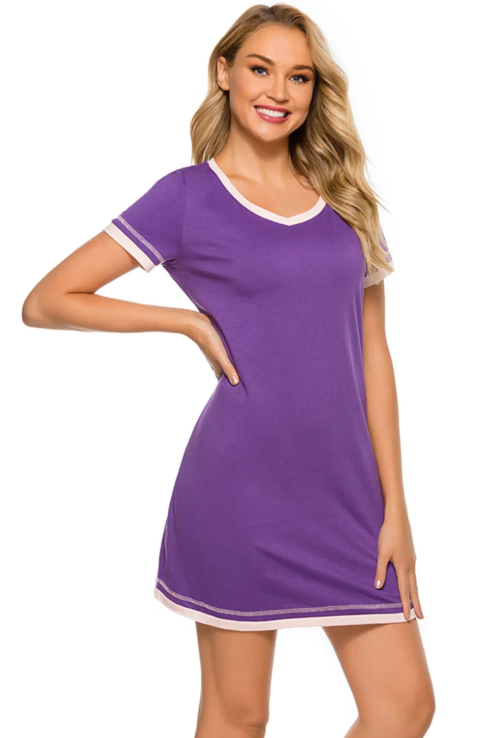 Contrast Trim Short Sleeve Lounge Dress in purple with white trim
