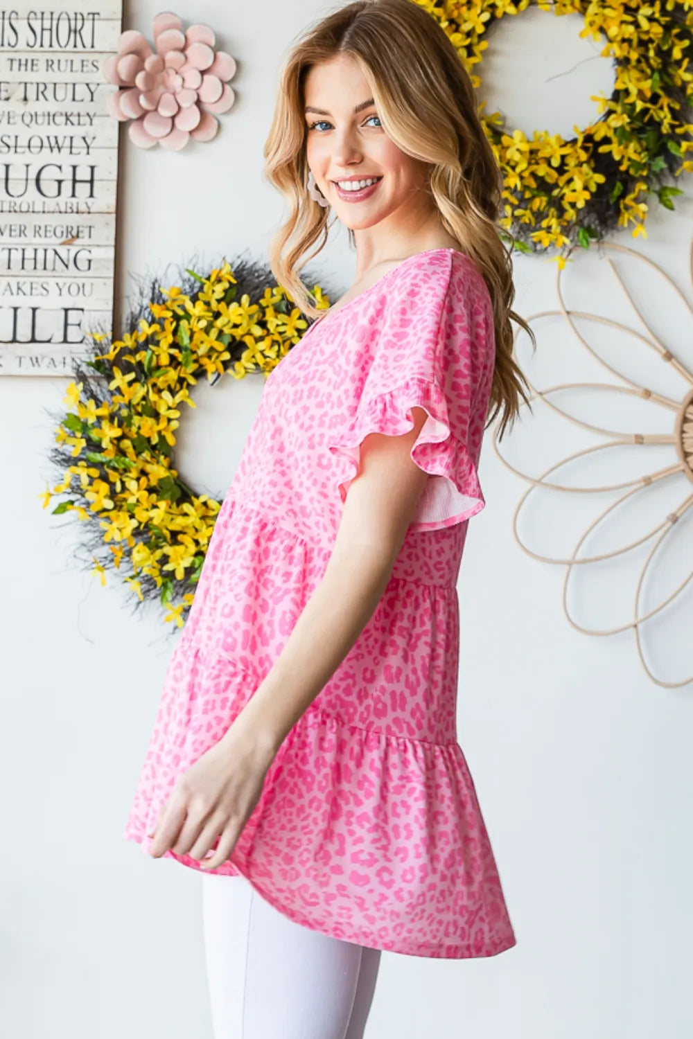 Leopard Ruffle Trim Short Sleeve Top in pink leopard print