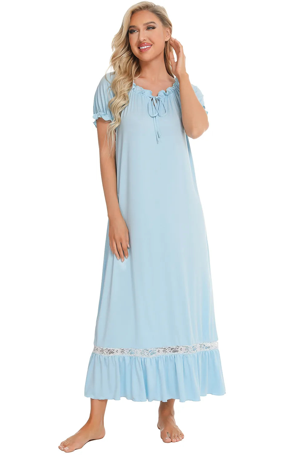 Lace Detail Short Sleeve Lounge Dress in light blue with white lace trim