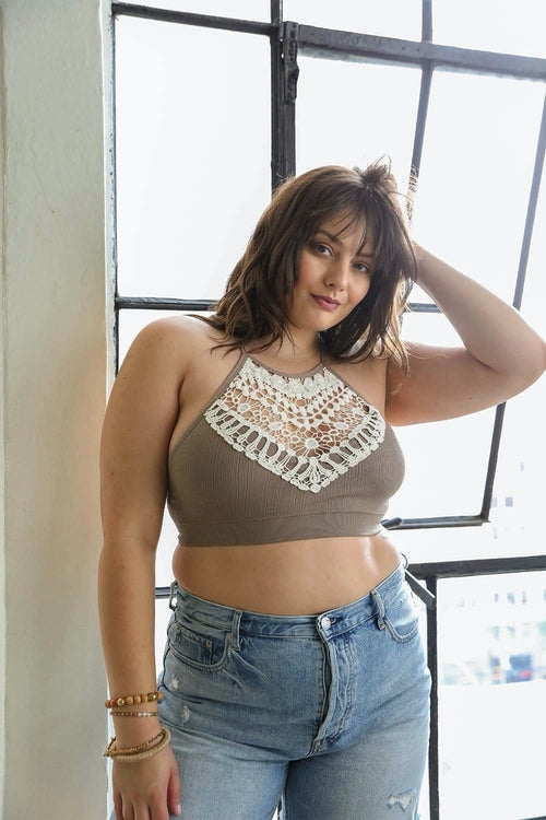 Crochet Lace High Neck Bralette in halter style with cross-back, worn by a model