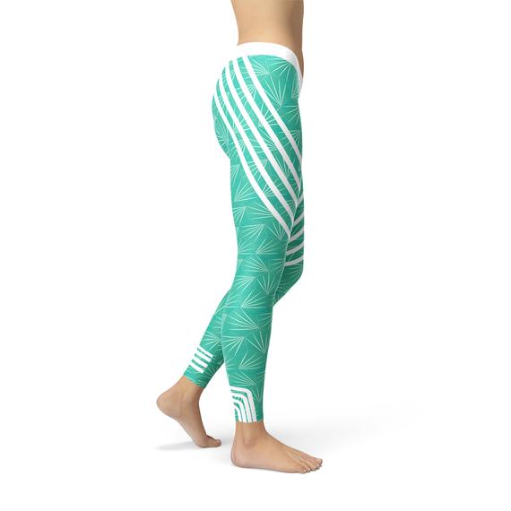 Turquoise Sports Leggings with white stripes and geometric pattern