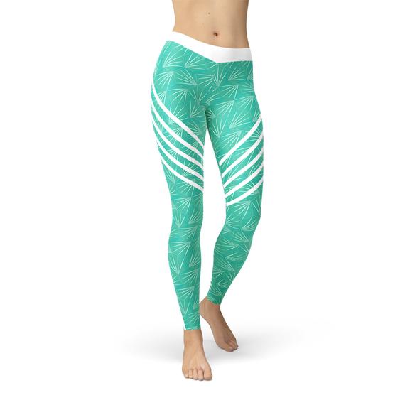 Turquoise Sports Leggings with a white waistband and three white stripes on each thigh