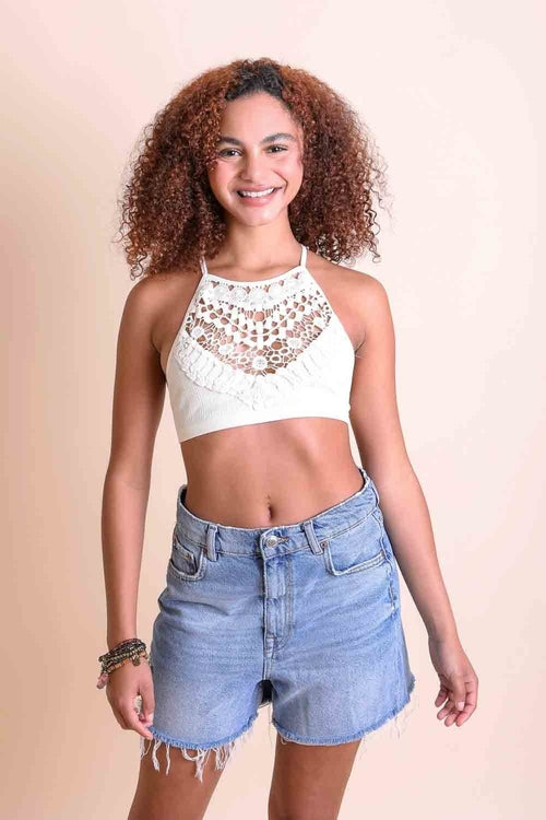 Crochet Lace High Neck Bralette, Halter Style with Cross-Back