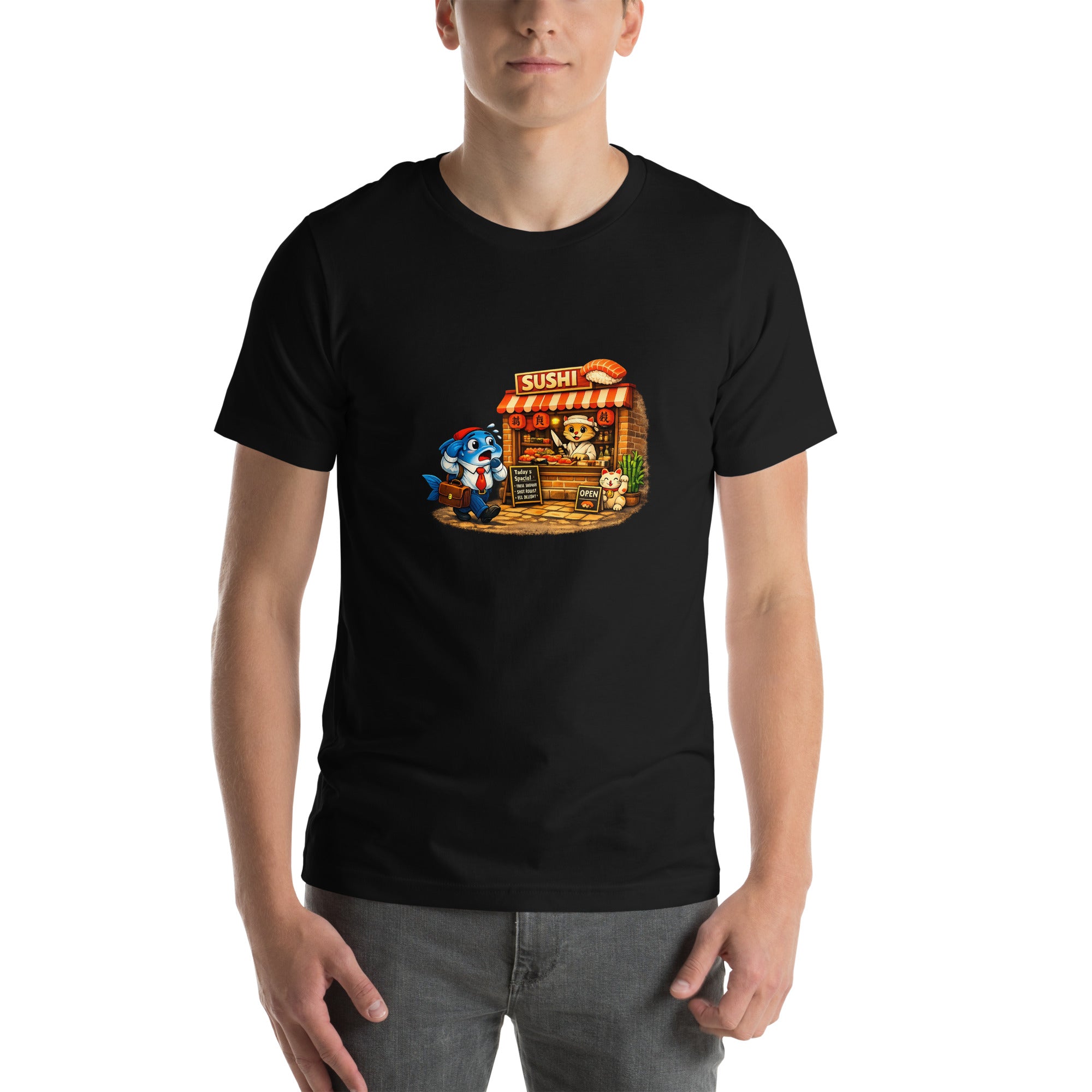 Fish & Sushi Graphic Tee with a cartoon fish ordering sushi from a cat chef