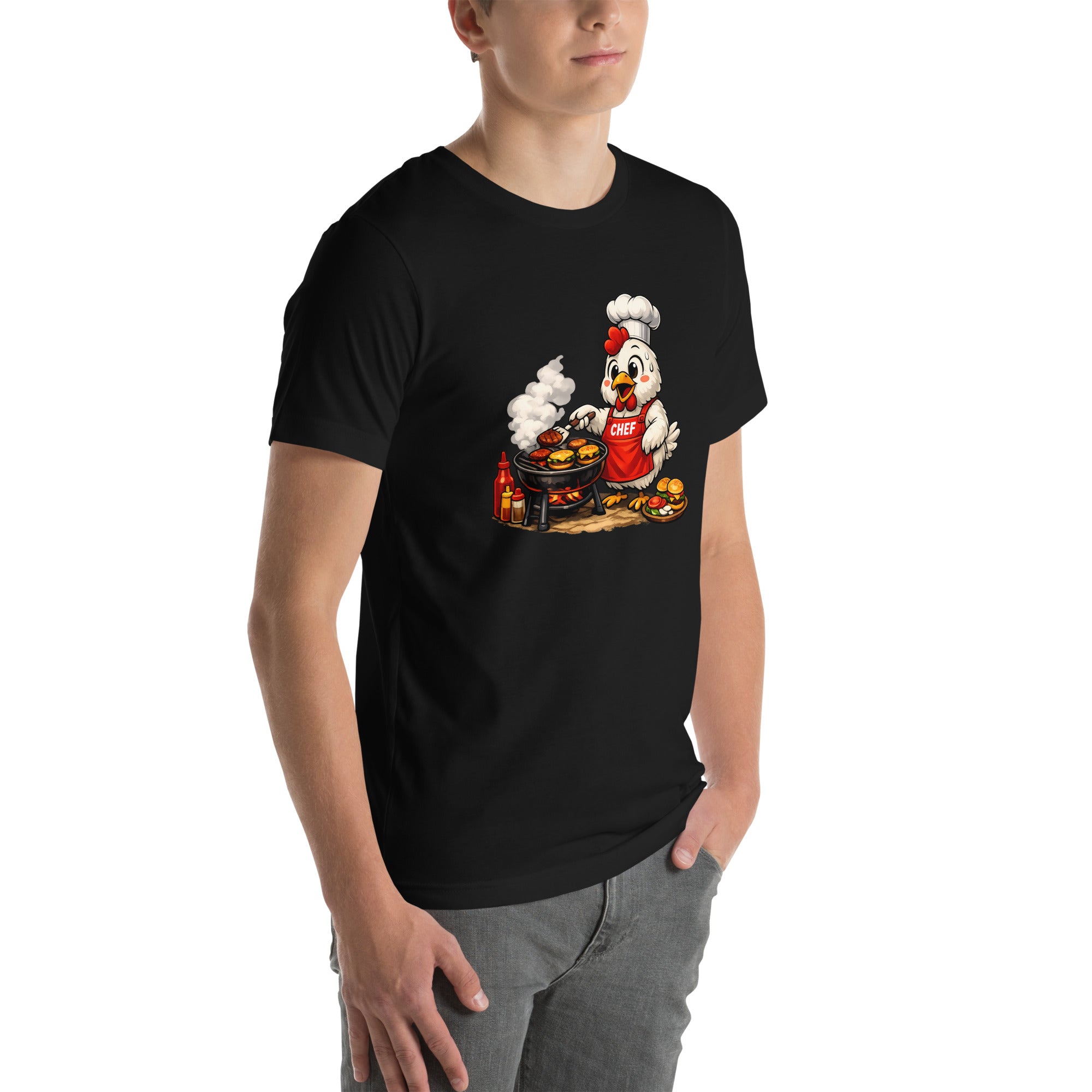 Chicken Grilling Burgers T-Shirt with a cartoon chicken chef grilling burgers
