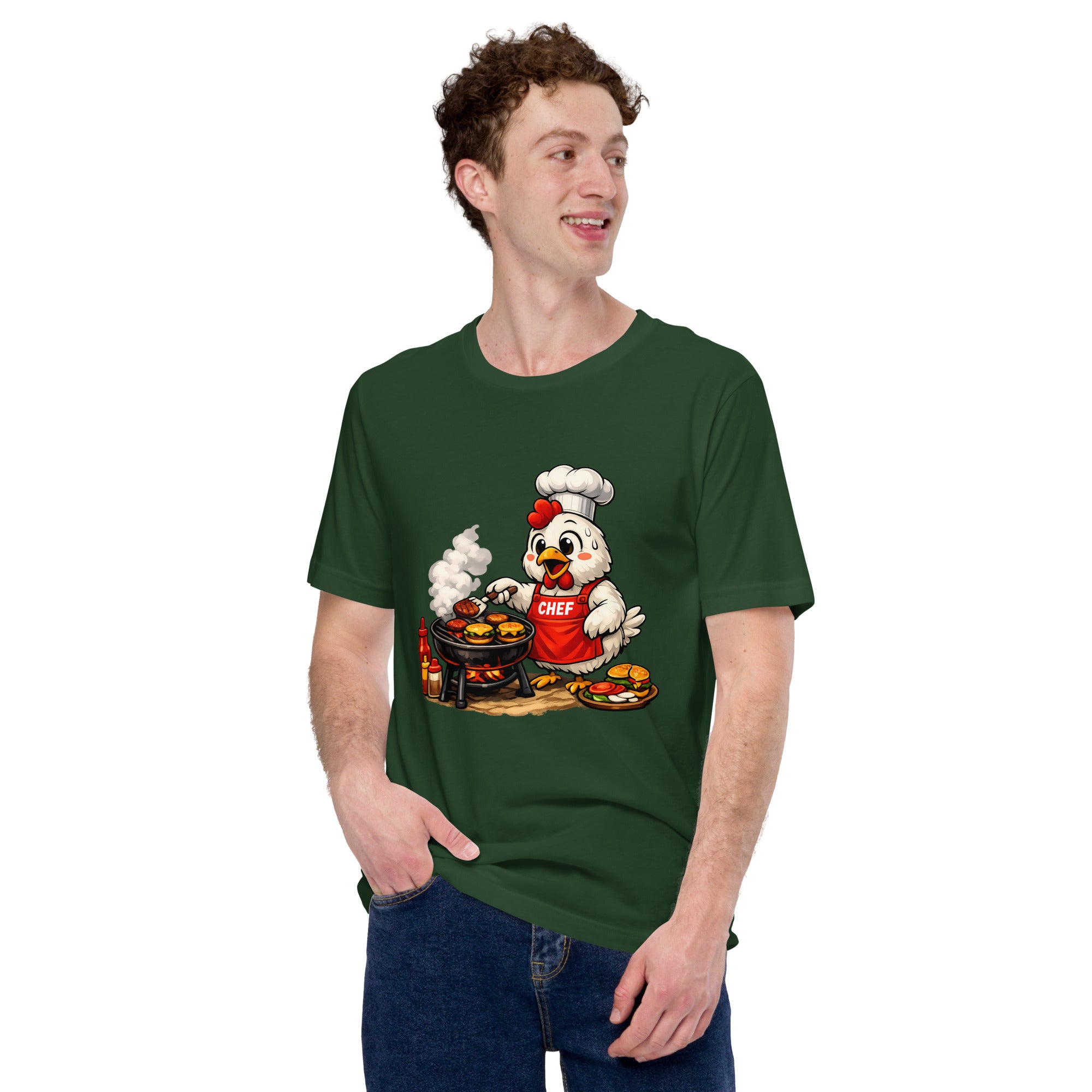 Chicken Grilling Burgers T-Shirt featuring a cartoon chicken chef grilling burgers