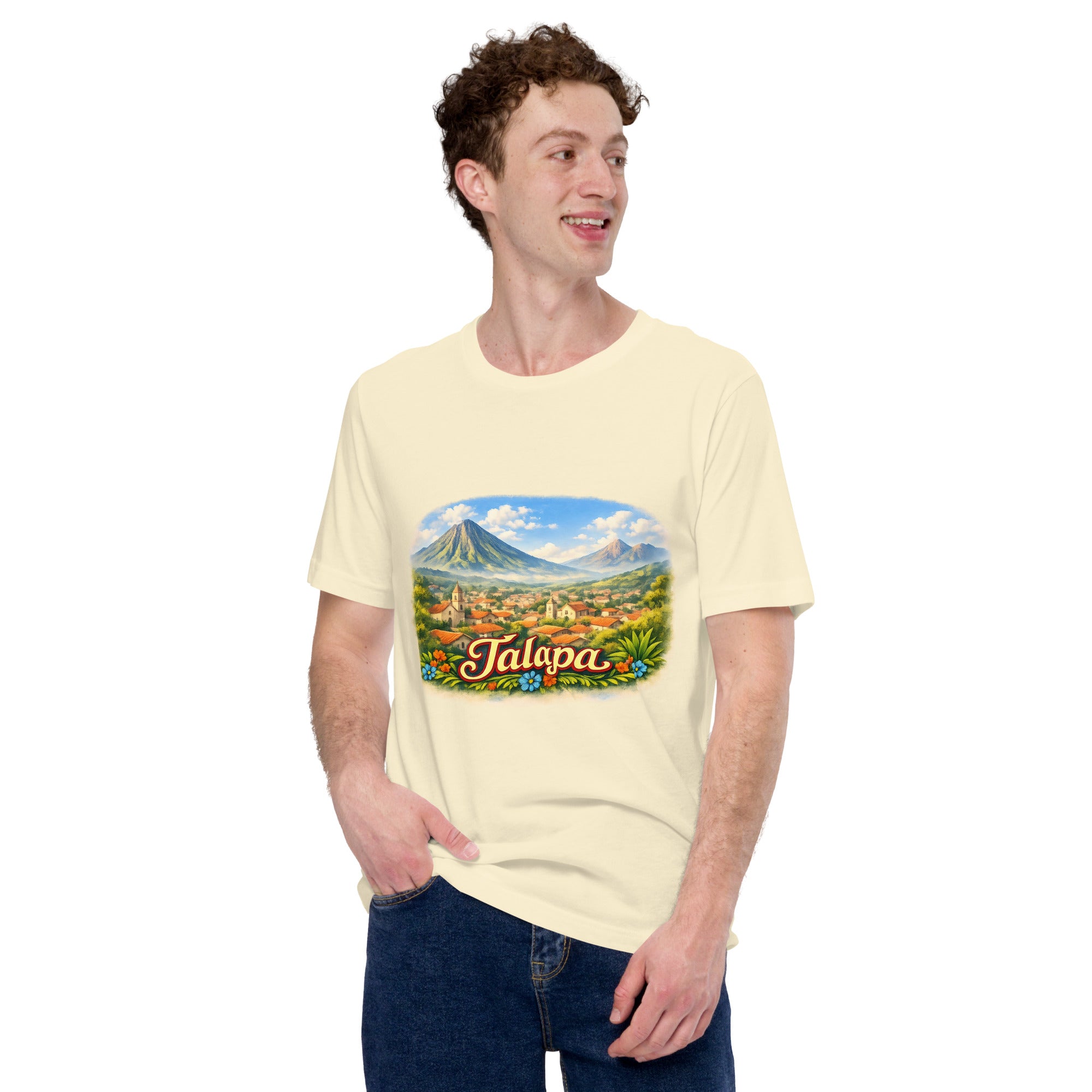 Man wearing a Jalapa T-Shirt with a graphic of a town nestled between mountains