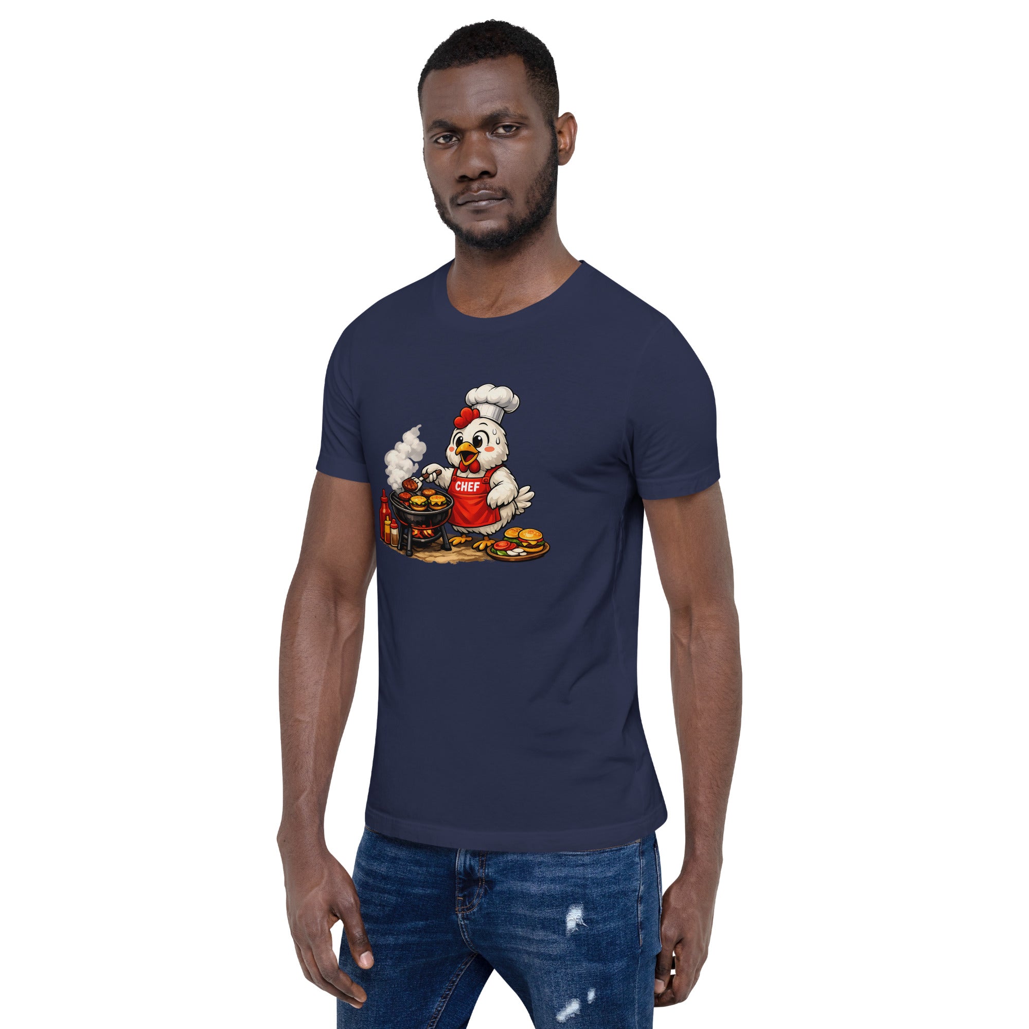 Chicken Grilling Burgers T-Shirt worn by a man