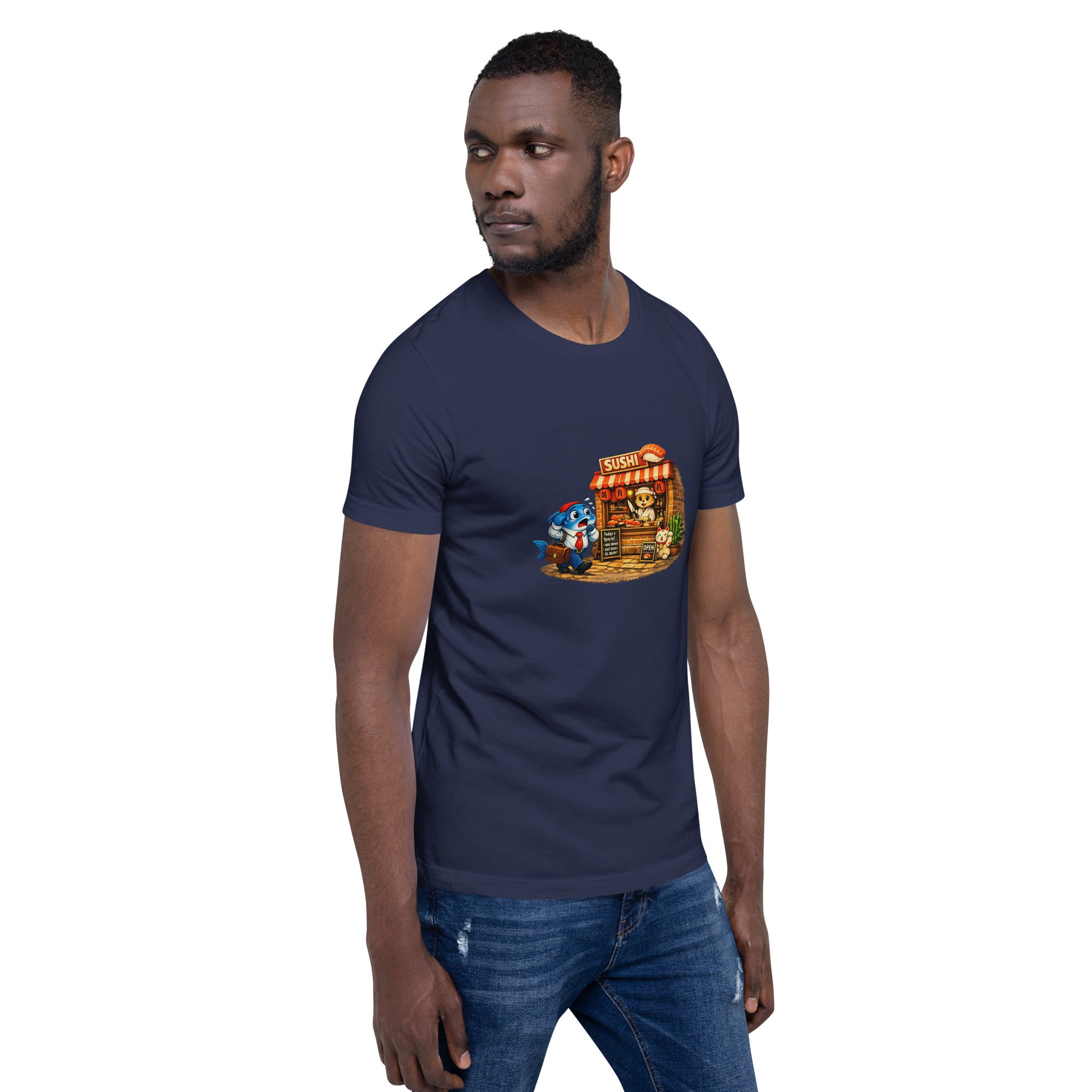 Man wearing a navy blue Fish & Sushi Graphic Tee with a cartoon fish at a sushi stand