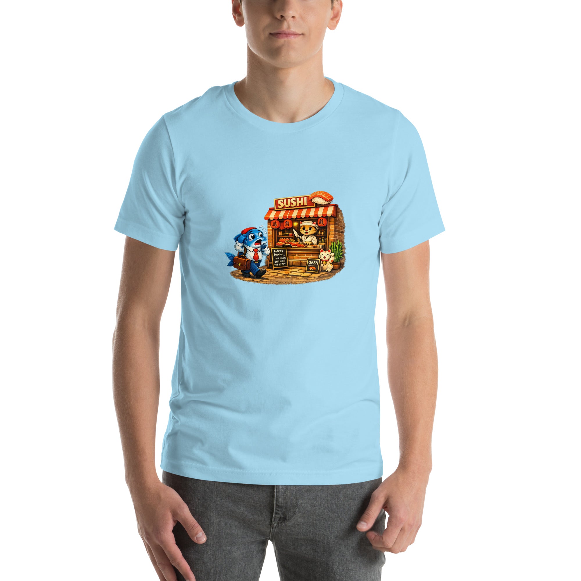 Fish & Sushi Graphic Tee with a blue fish in a suit and a cat chef at a sushi stand