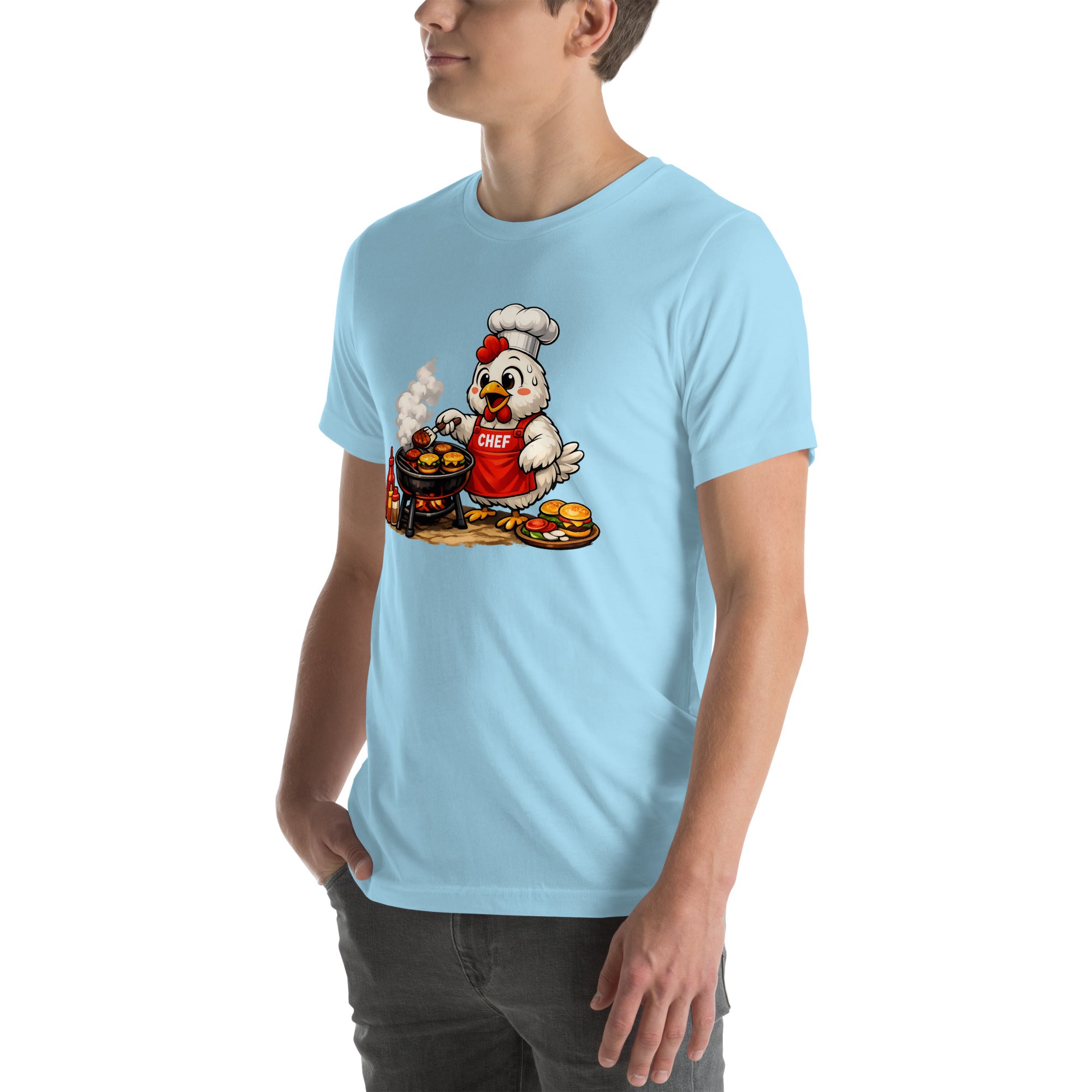 Chicken Grilling Burgers T-Shirt with a cartoon chicken chef grilling burgers and a plate of burgers