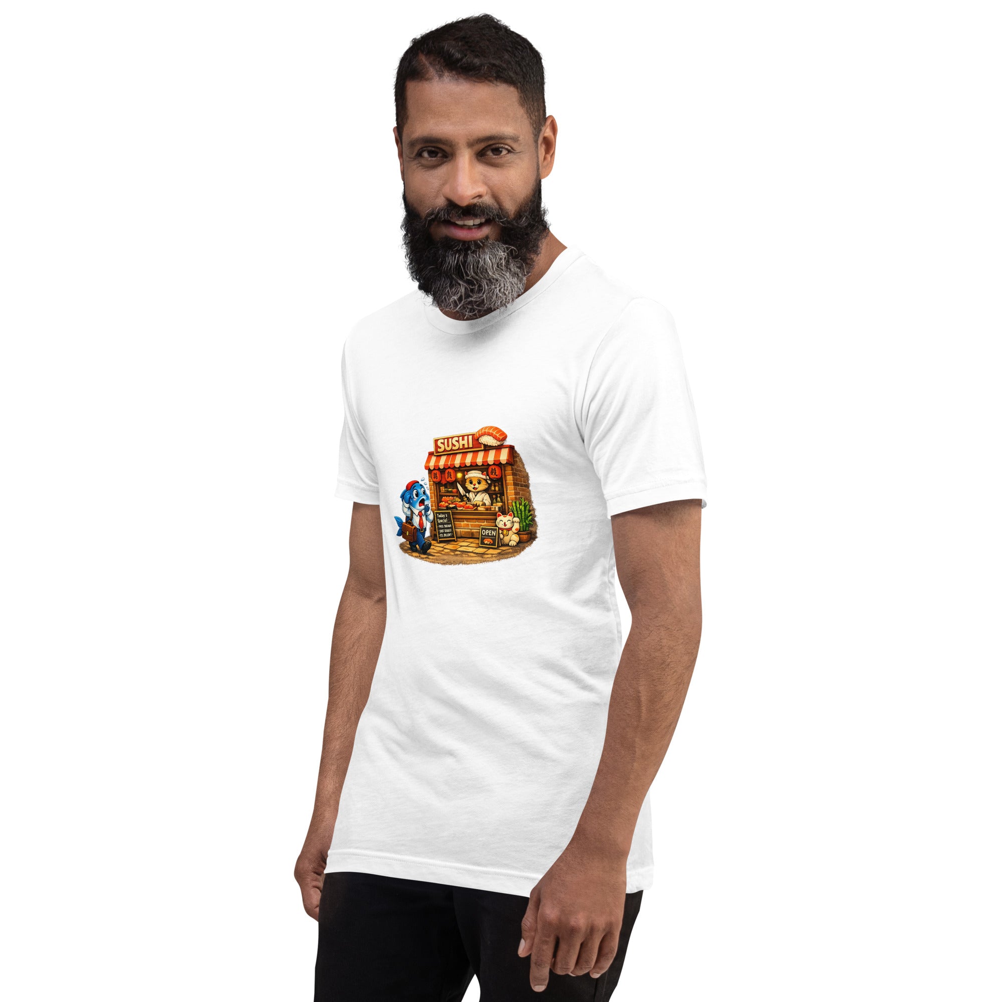 Man wearing a white Fish & Sushi Graphic Tee with a cartoon sushi stand design